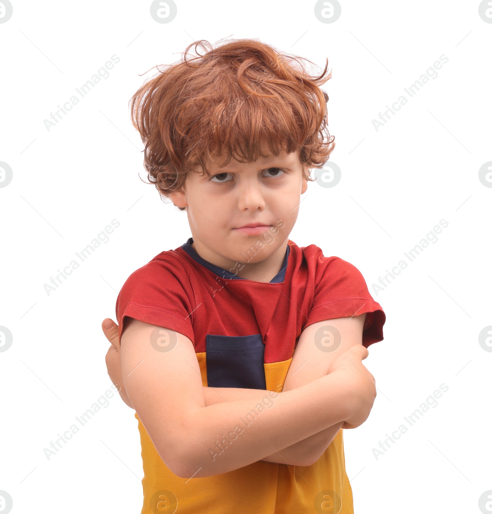 Photo of Portrait of cute little boy on white background