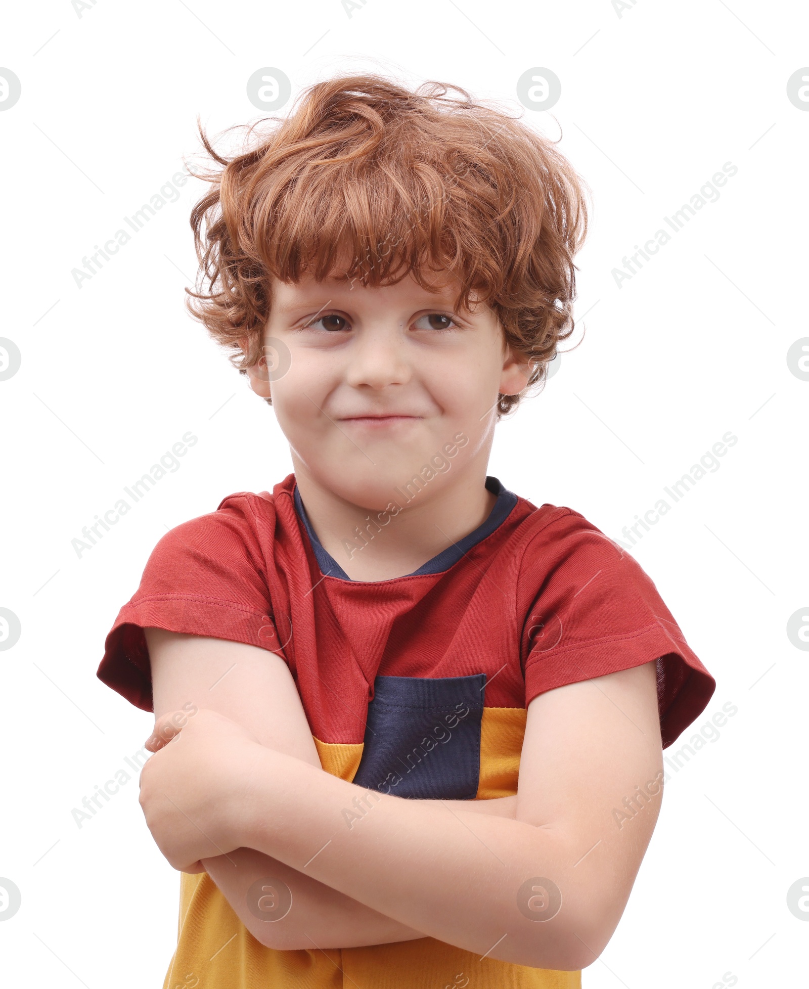 Photo of Portrait of cute little boy on white background