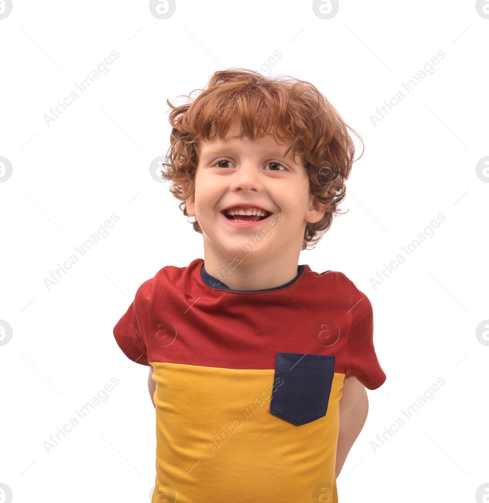 Photo of Portrait of cute little boy on white background