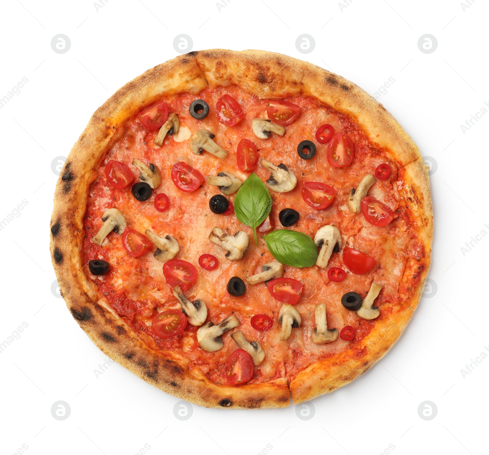 Photo of Delicious pizza with tomatoes, mushrooms, black olives and basil isolated on white, top view