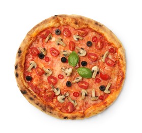 Photo of Delicious pizza with tomatoes, mushrooms, black olives and basil isolated on white, top view