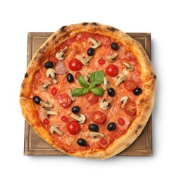 Photo of Delicious pizza with tomatoes, mushrooms, black olives and basil isolated on white, top view