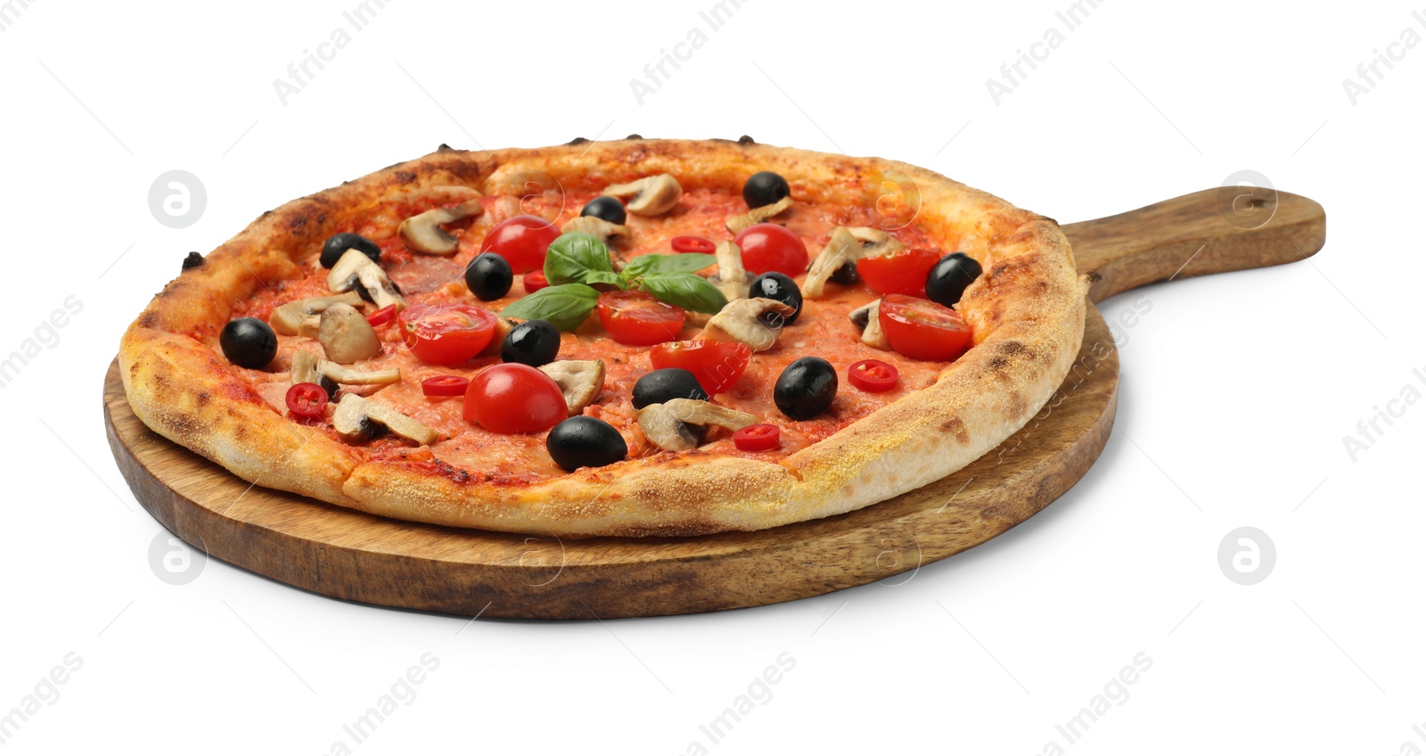 Photo of Delicious pizza with tomatoes, mushrooms, black olives and basil isolated on white