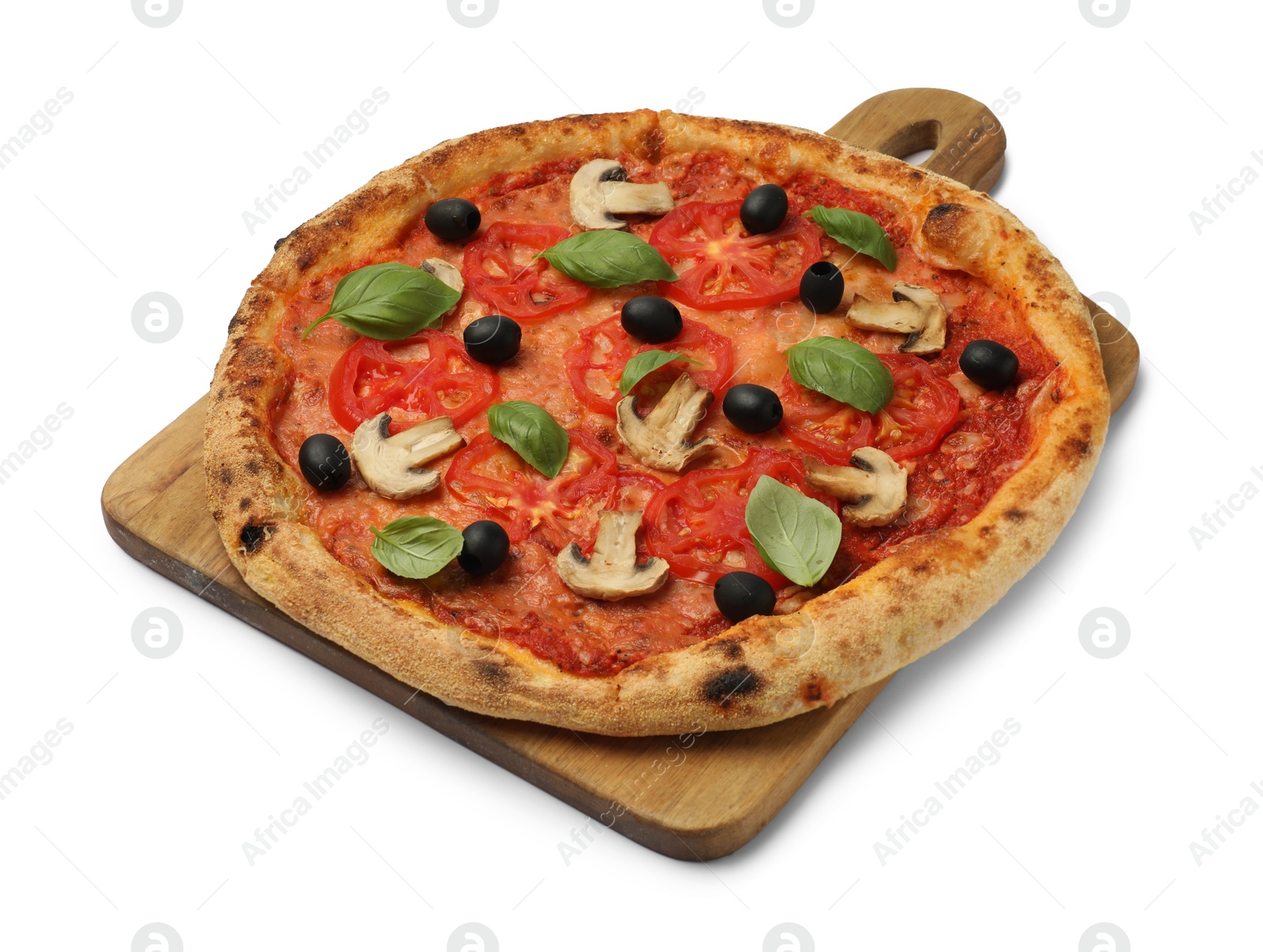 Photo of Delicious pizza with tomatoes, mushrooms, black olives and basil isolated on white