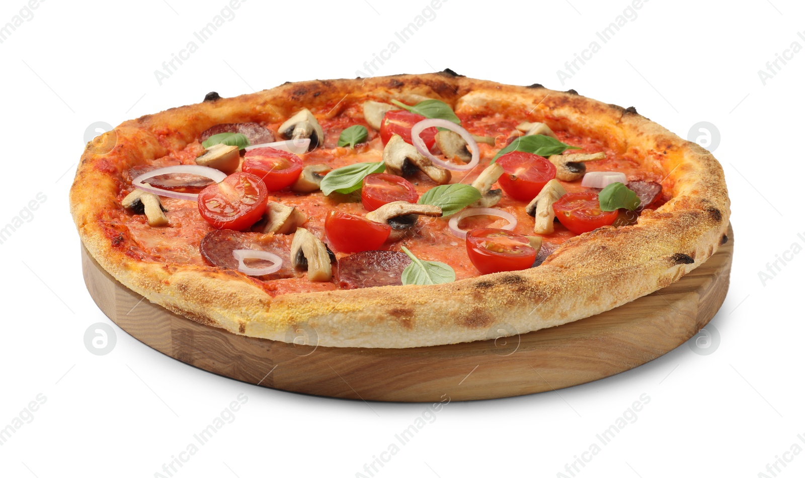 Photo of Delicious pizza with salami, tomatoes, mushrooms and basil isolated on white