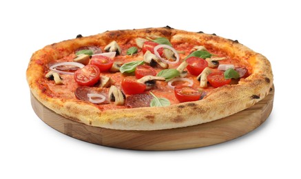 Photo of Delicious pizza with salami, tomatoes, mushrooms and basil isolated on white