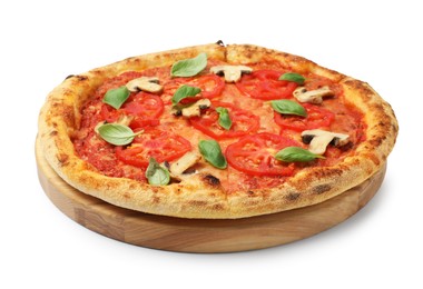 Photo of Delicious pizza with tomatoes, mushrooms and basil isolated on white