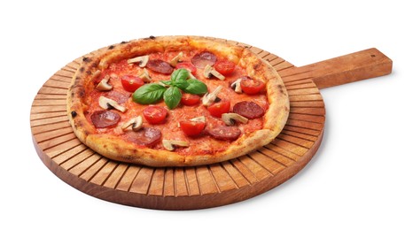 Photo of Delicious pizza with salami, tomatoes, mushrooms and basil isolated on white