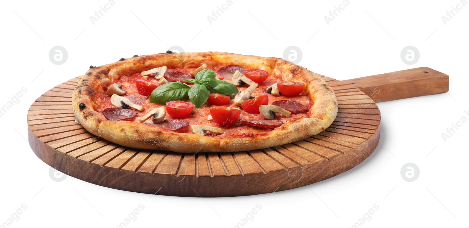 Photo of Delicious pizza with salami, tomatoes, mushrooms and basil isolated on white