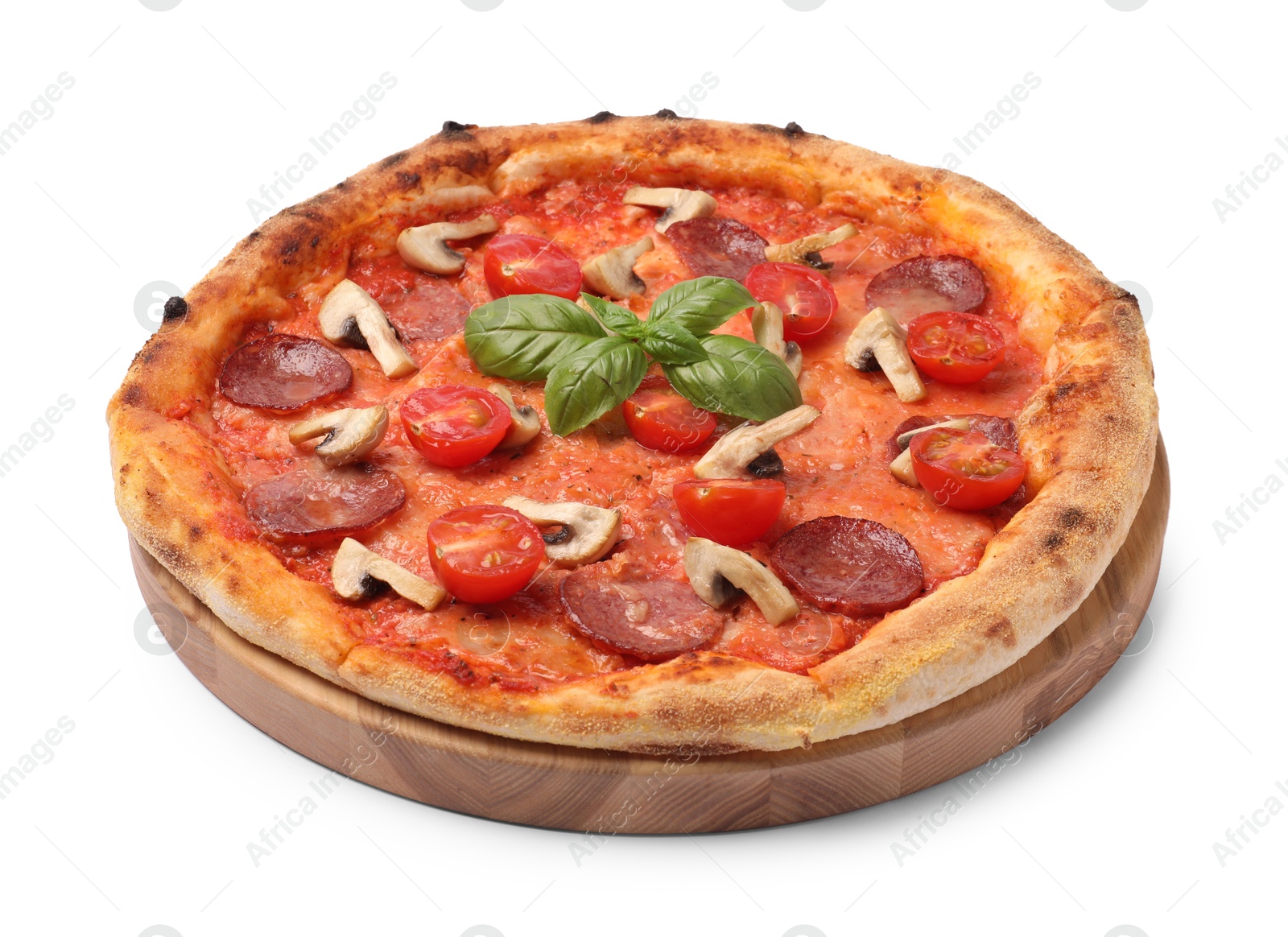 Photo of Delicious pizza with salami, tomatoes, mushrooms and basil isolated on white