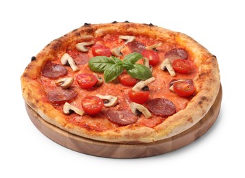 Photo of Delicious pizza with salami, tomatoes, mushrooms and basil isolated on white