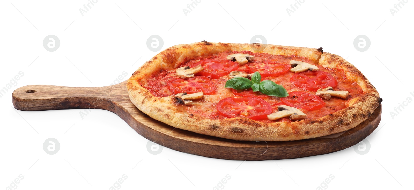 Photo of Delicious pizza with tomatoes, mushrooms and basil isolated on white