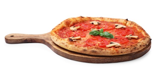 Photo of Delicious pizza with tomatoes, mushrooms and basil isolated on white