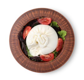 Photo of Delicious burrata salad in bowl isolated on white, top view