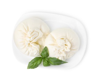 Photo of Delicious burrata cheese and basil isolated on white, top view