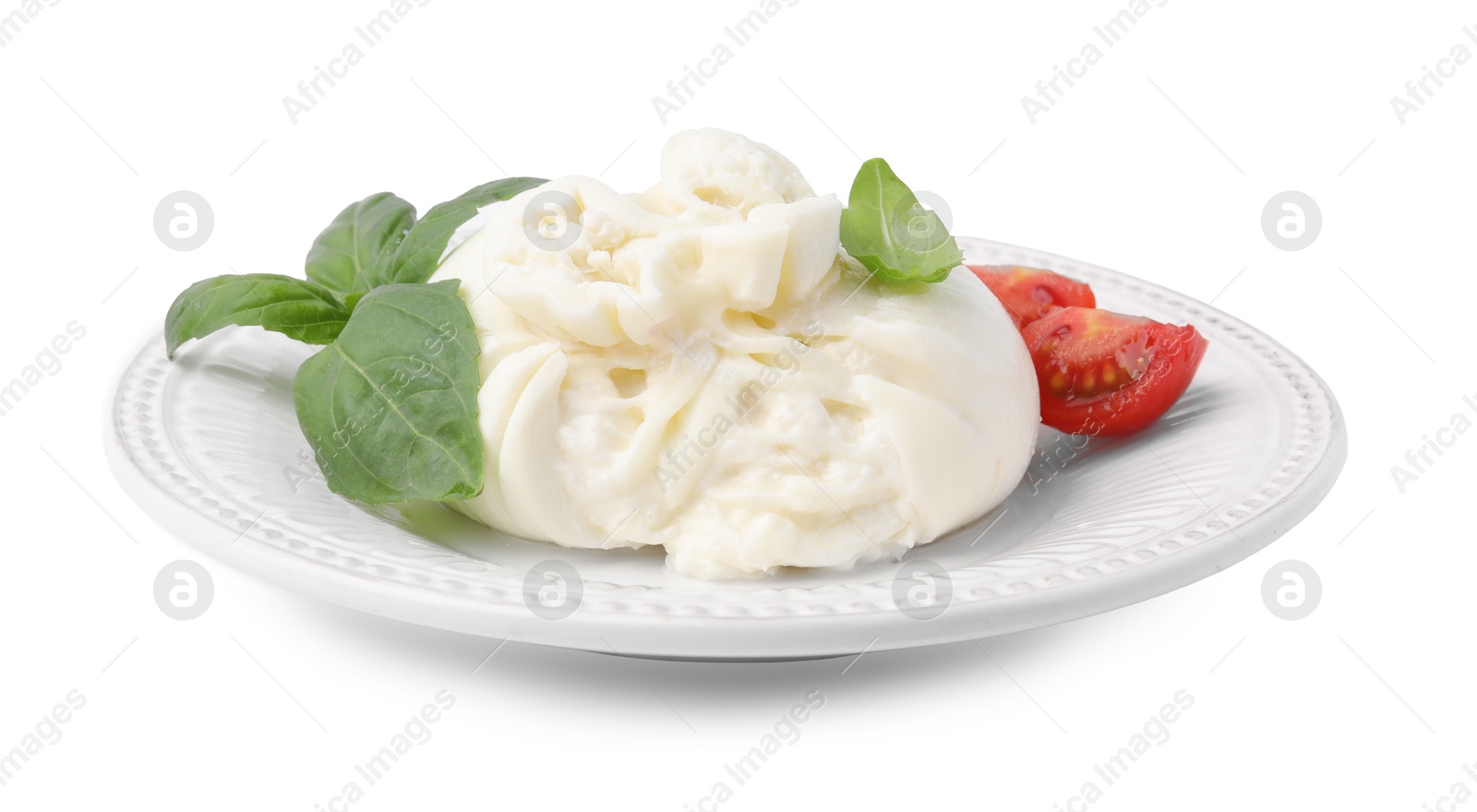 Photo of Delicious burrata cheese, tomatoes and basil isolated on white