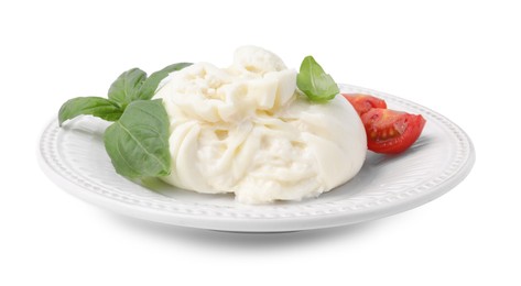 Photo of Delicious burrata cheese, tomatoes and basil isolated on white