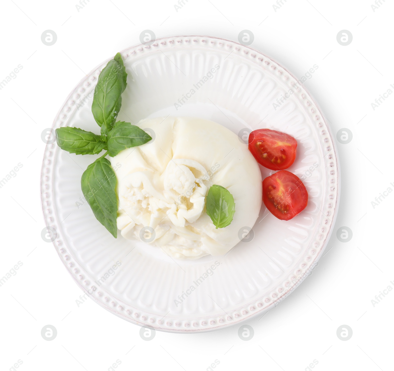 Photo of Delicious burrata cheese, tomatoes and basil isolated on white, top view