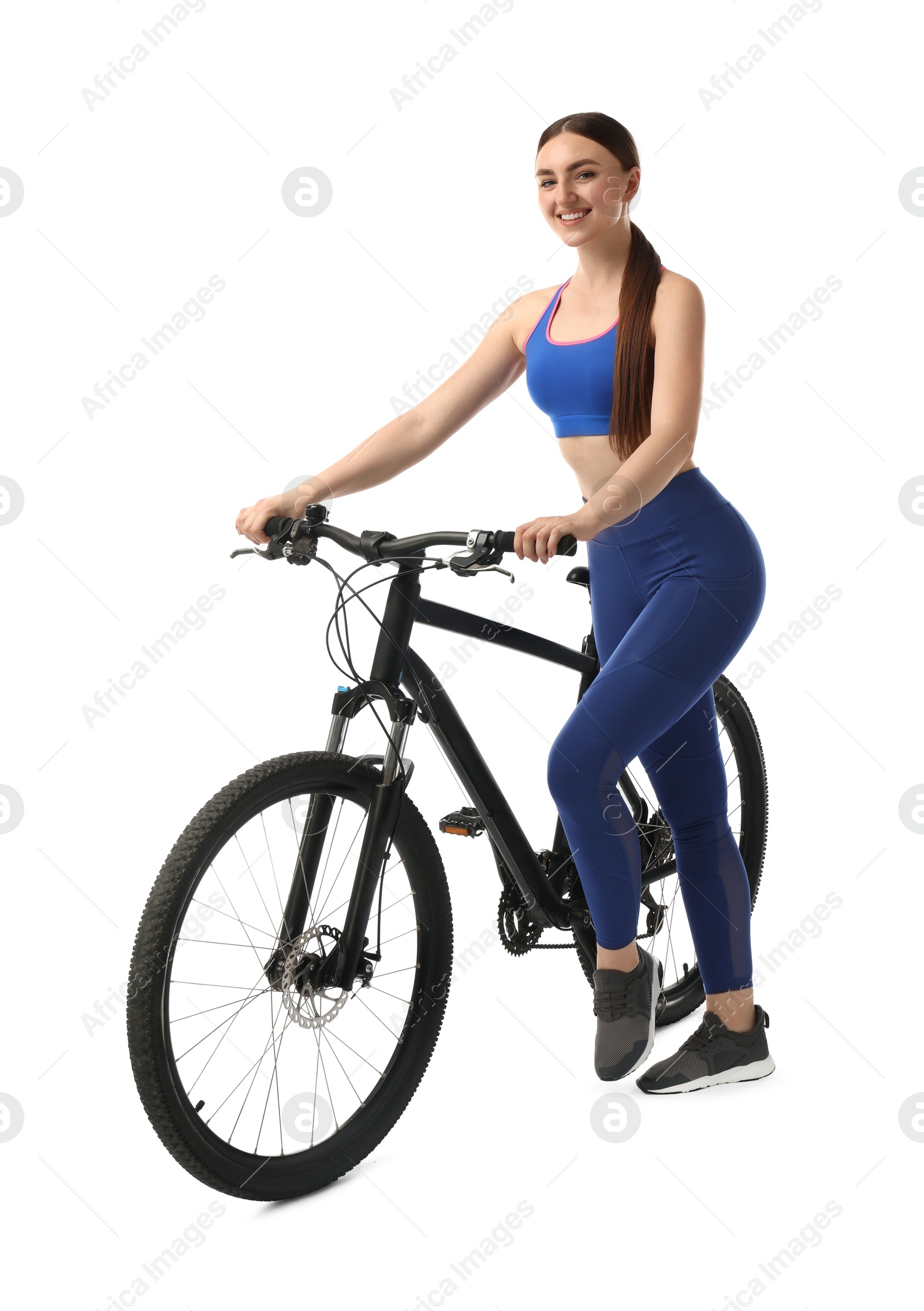 Photo of Smiling woman with bicycle isolated on white