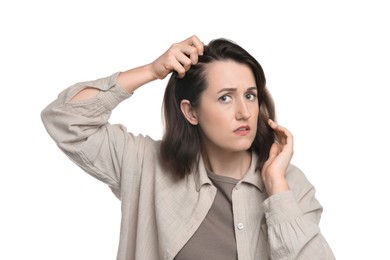 Photo of Woman with hair loss problem on white background