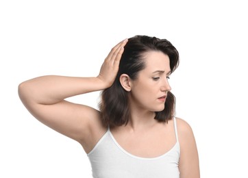 Photo of Woman with hair loss problem on white background