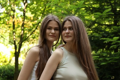 Photo of Portrait of two beautiful twin sisters in park