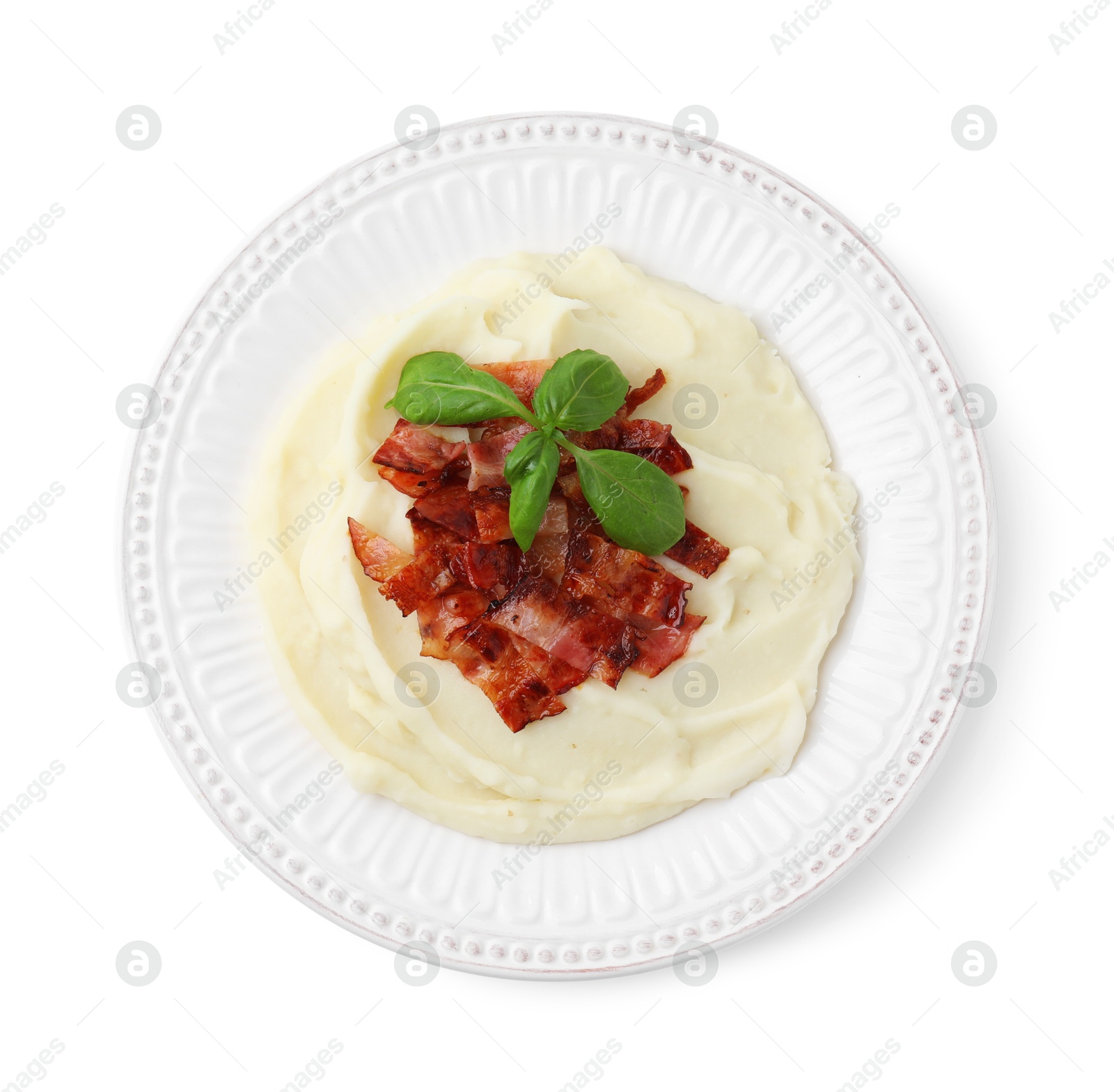 Photo of Fried bacon, mashed potato and basil on white background, top view