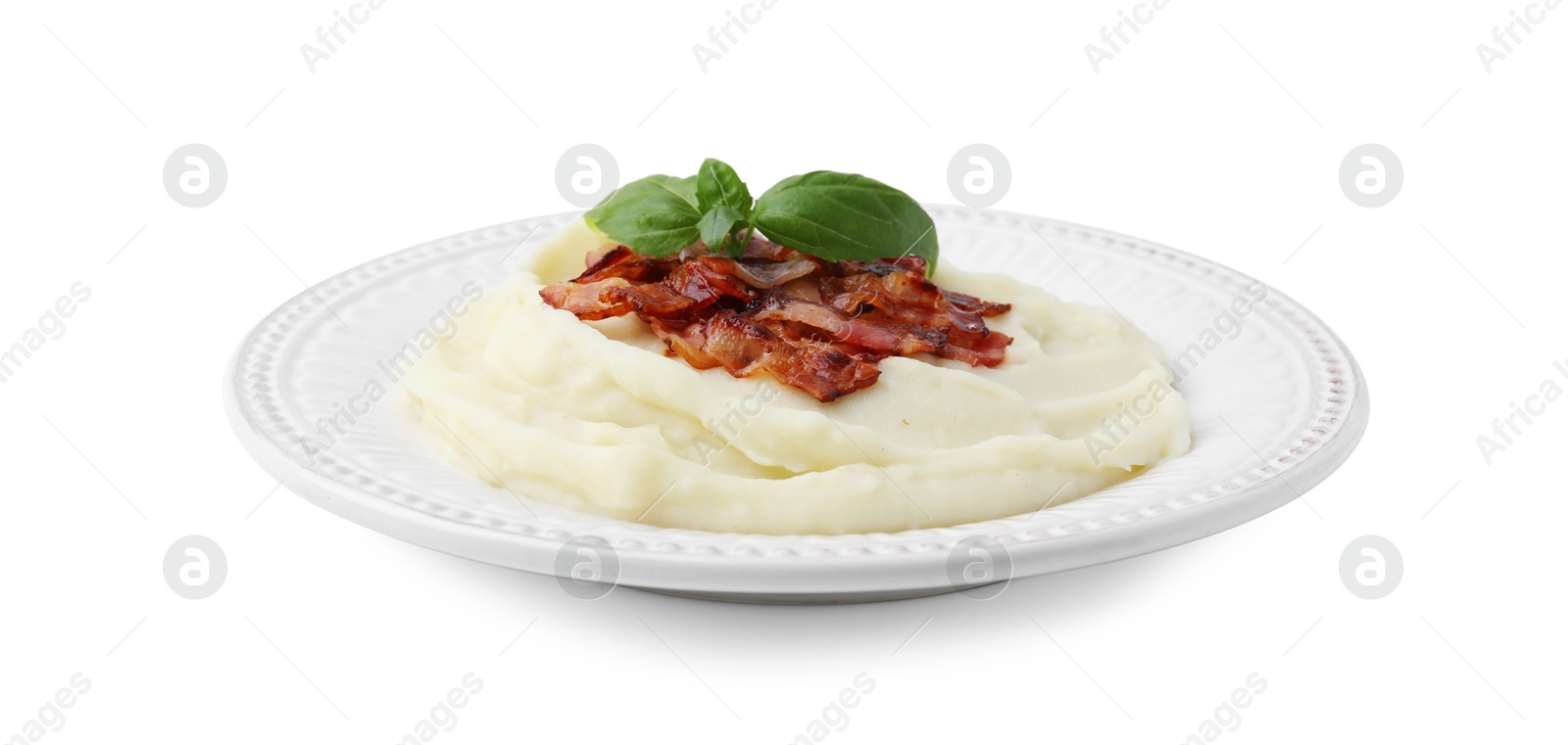 Photo of Fried bacon, mashed potato and basil on white background