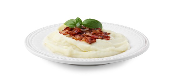 Photo of Fried bacon, mashed potato and basil on white background