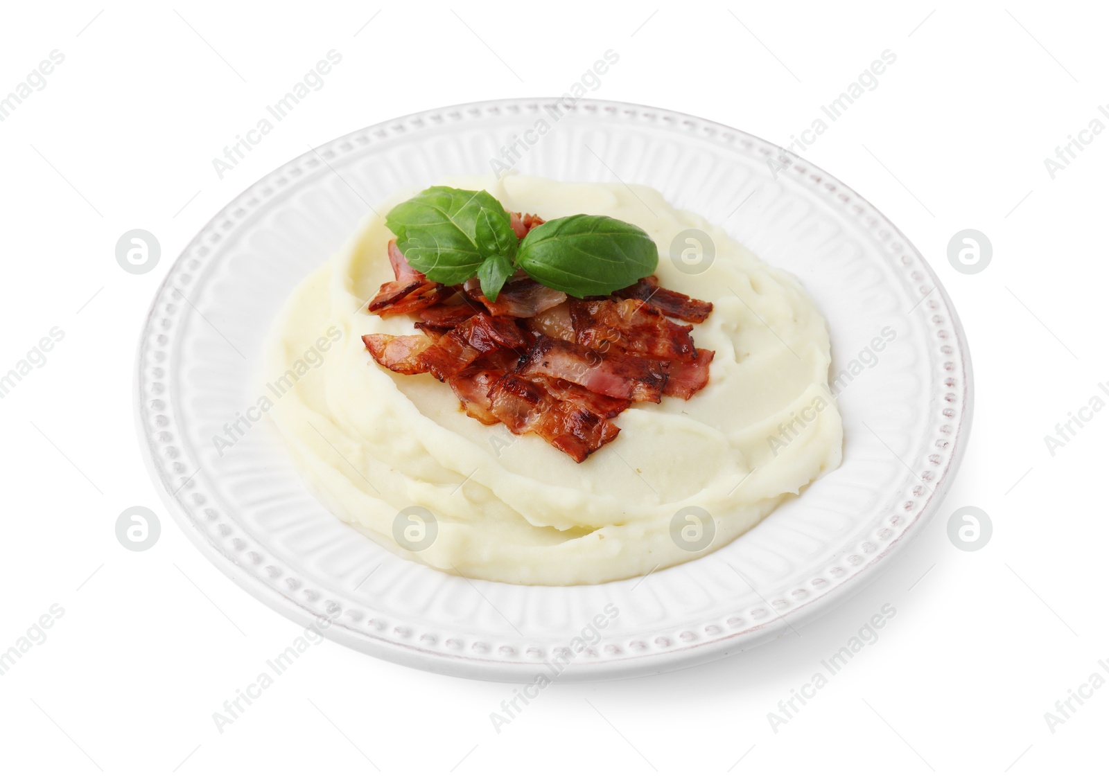 Photo of Fried bacon, mashed potato and basil on white background