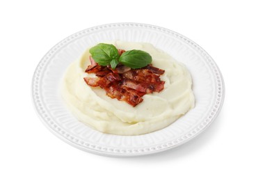 Photo of Fried bacon, mashed potato and basil on white background