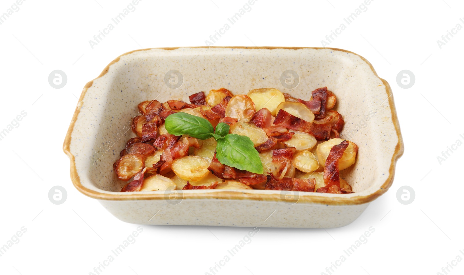 Photo of Delicious baked potatoes, bacon and basil in baking dish on white background