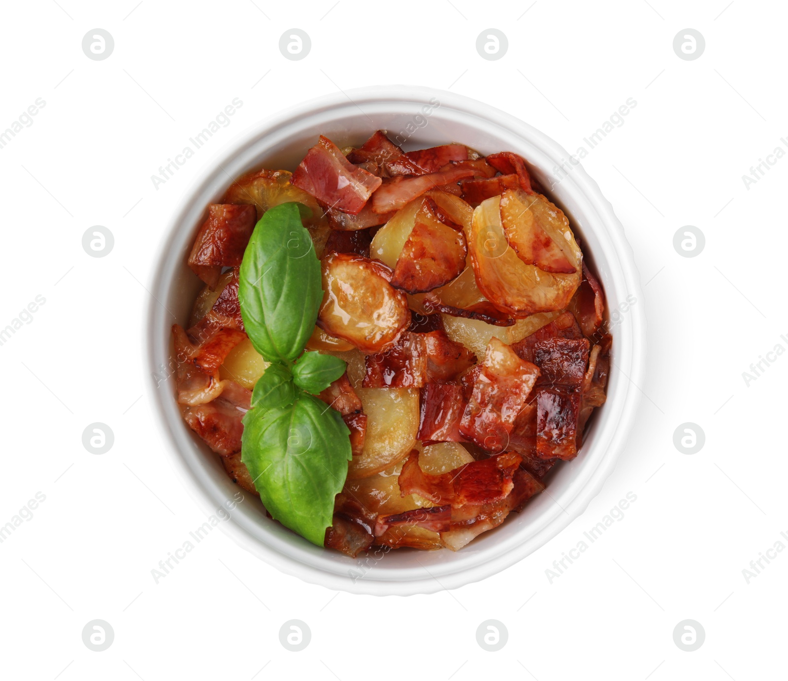 Photo of Delicious baked potatoes, bacon and basil in bowl on white background, top view