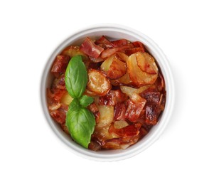 Photo of Delicious baked potatoes, bacon and basil in bowl on white background, top view