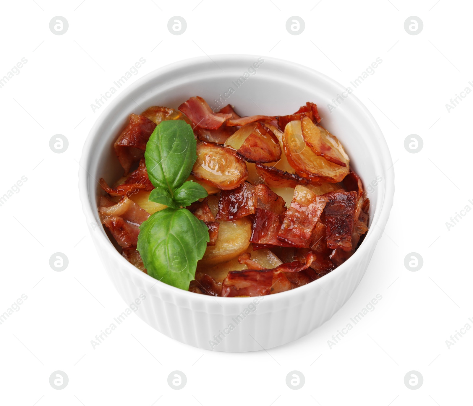 Photo of Delicious baked potatoes, bacon and basil in bowl on white background