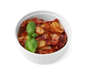 Photo of Delicious baked potatoes, bacon and basil in bowl on white background