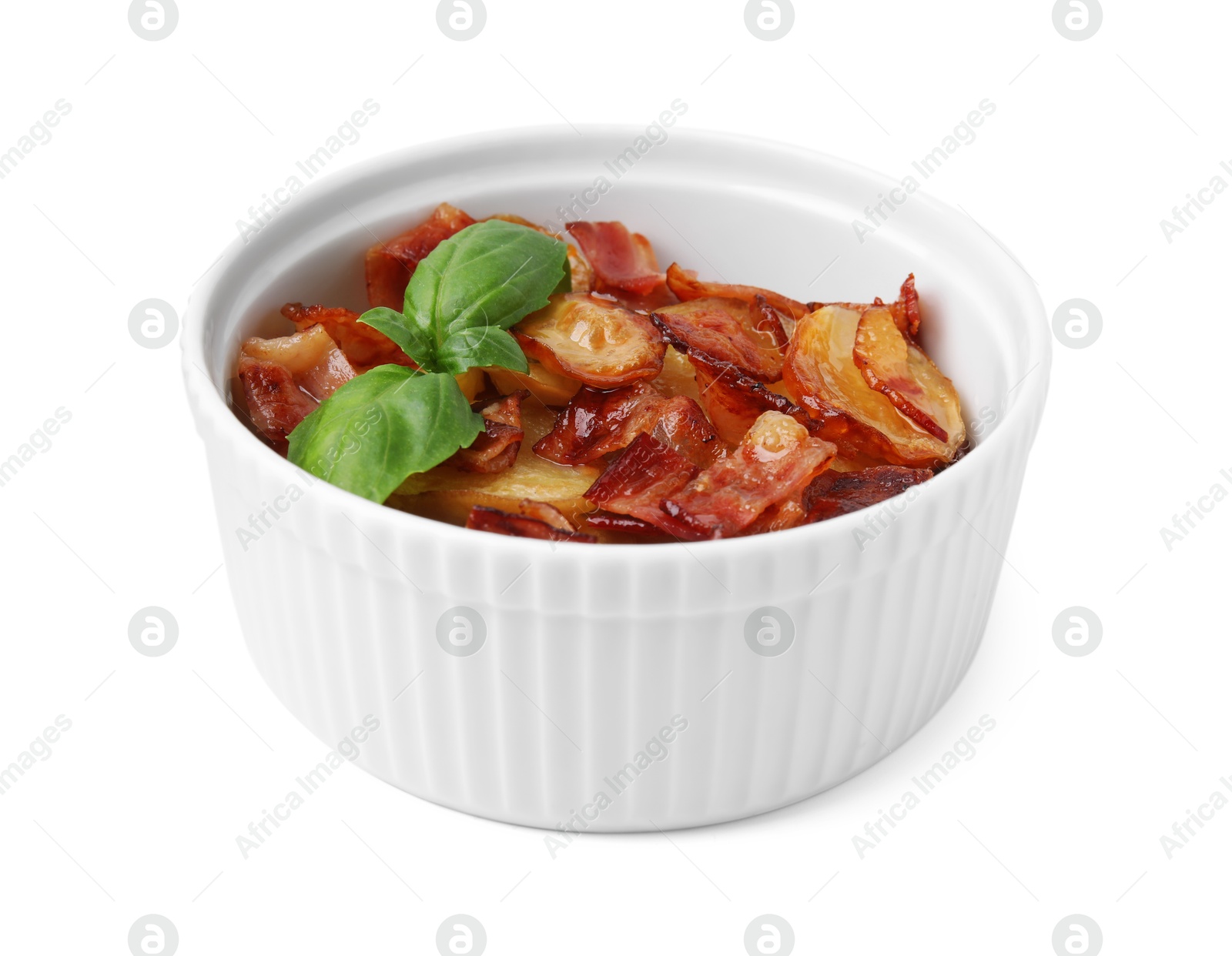 Photo of Delicious baked potatoes, bacon and basil in bowl on white background