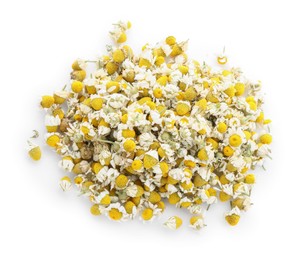 Photo of Pile of chamomile flowers isolated on white, top view