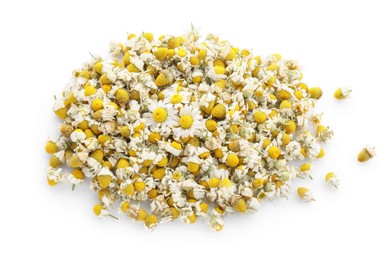 Pile of dry and fresh chamomile flowers isolated on white, top view