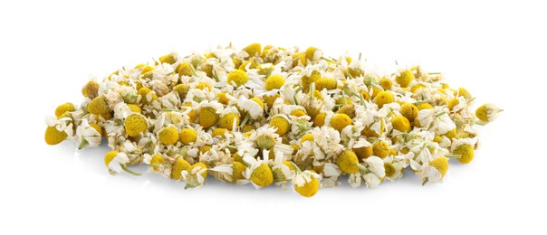 Pile of chamomile flowers isolated on white