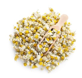 Photo of Pile of chamomile flowers and wooden scoop isolated on white, top view