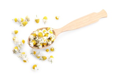 Chamomile flowers in wooden spoon isolated on white, top view