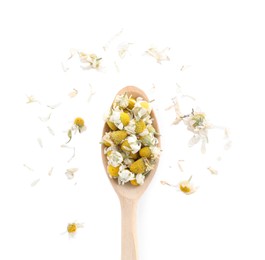 Photo of Chamomile flowers in wooden spoon isolated on white, top view