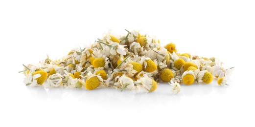 Pile of chamomile flowers isolated on white