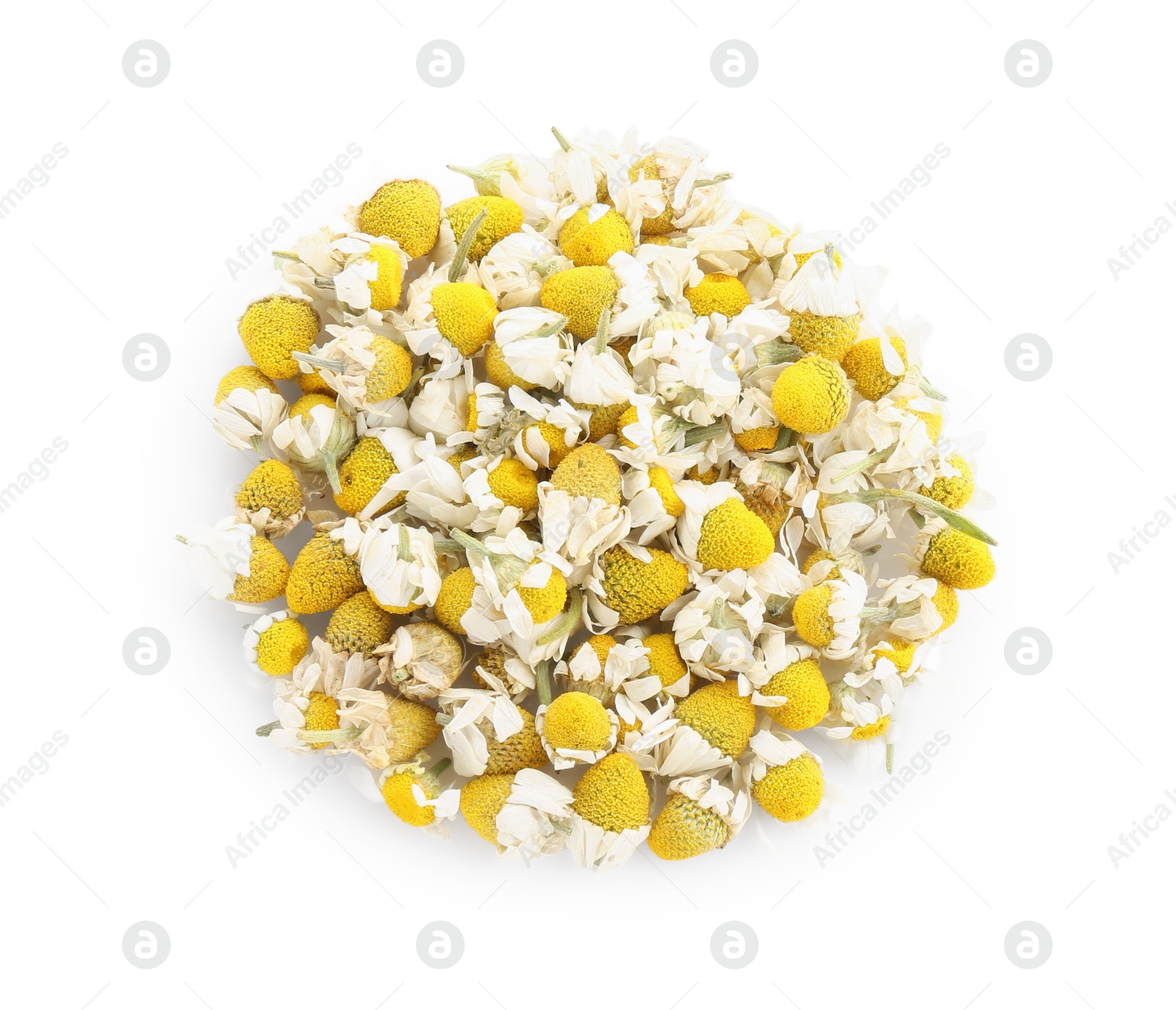 Photo of Pile of chamomile flowers isolated on white, top view