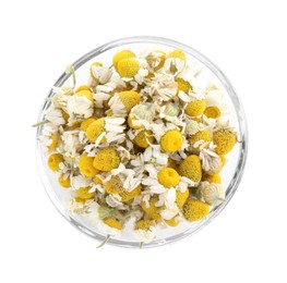 Photo of Chamomile flowers in glass bowl isolated on white, top view