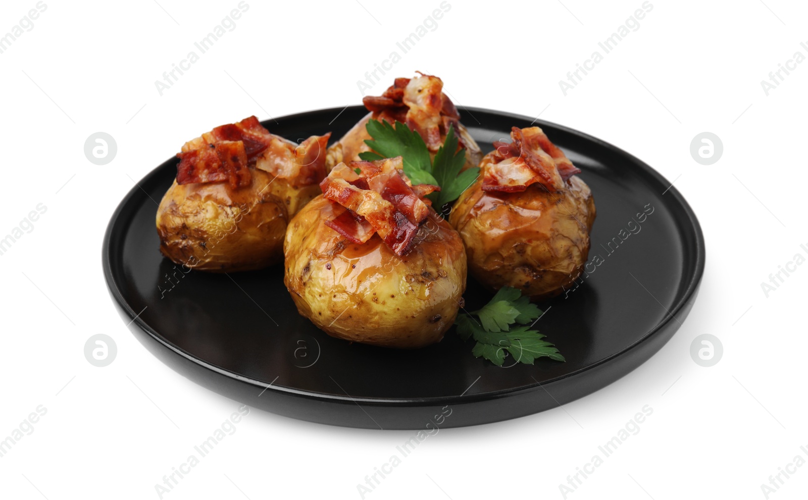 Photo of Delicious baked potatoes with bacon and parsley isolated on white