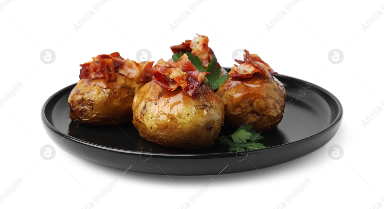 Photo of Delicious baked potatoes with bacon and parsley isolated on white