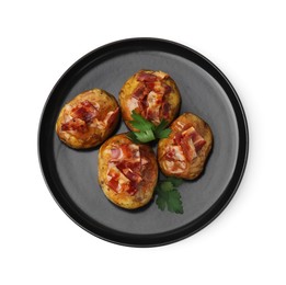 Photo of Delicious baked potatoes with bacon and parsley isolated on white, top view