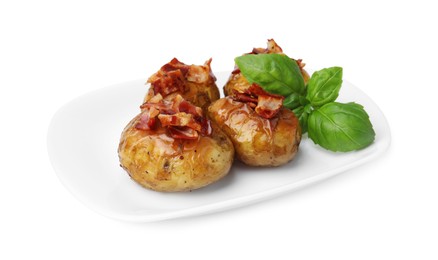 Photo of Delicious baked potatoes with bacon and basil isolated on white